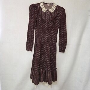 Candi Jones Dress Women 3‎ Brown Floral Lace Prairie Cottagecore Vintage 70s